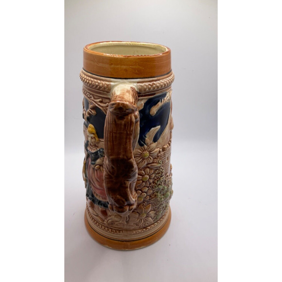 Collectible Intricate Ceramic Bavarian Beer Mug, Woman & Dog Design, 8 Inches - Picture 2 of 6